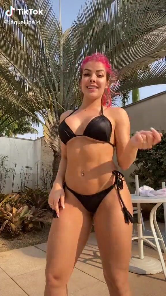 Jaquelline Looks Sweetie In Black Bikini And Bouncing Boobs