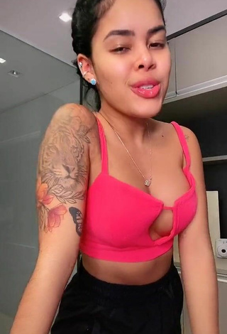 Cute Sthefane Matos Shows Cleavage in Pink Crop Top