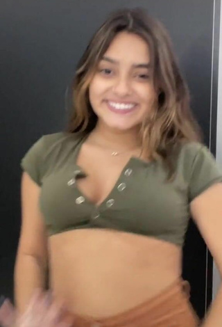 4. Cute Bela Almada Shows Cleavage in Olive Crop Top and Bouncing Boobs
