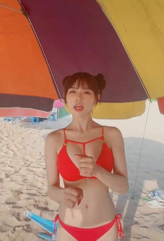 5. Adorable c.0214 Shows Cleavage in Seductive Red Bikini at the Beach and Bouncing Tits