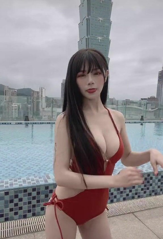 2. Sweetie c.0214 Shows Cleavage in Red Swimsuit and Bouncing Tits