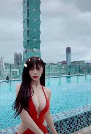 5. Hot c.0214 Shows Cleavage in Red Swimsuit at the Pool