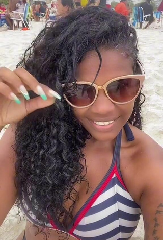 Cute Michele Oliveira in Striped Bikini Top at the Beach