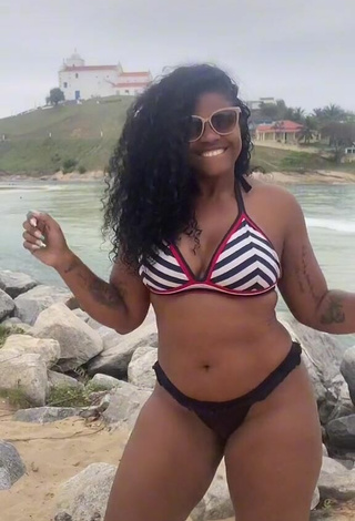 Sexy Michele Oliveira in Striped Bikini Top at the Beach