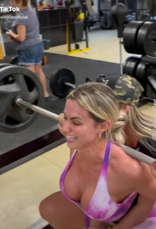 Beautiful Vivi Winkler Shows Cleavage in Sexy Overall in the Sports Club while doing Fitness Exercises