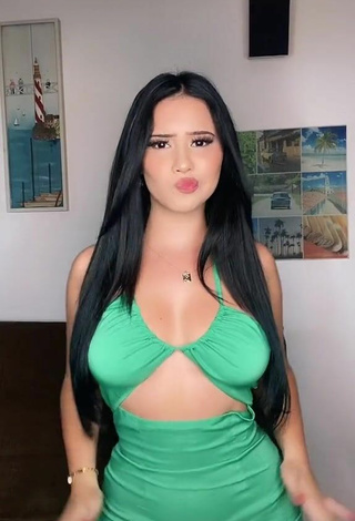 2. Sexy Anissa Shows Cleavage in Green Dress Braless and Bouncing Tits