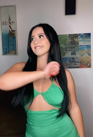 3. Sexy Anissa Shows Cleavage in Green Dress Braless and Bouncing Tits