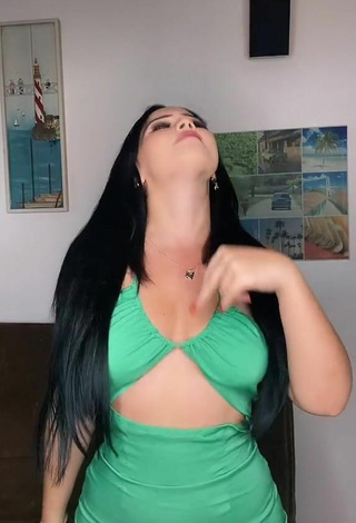 4. Sexy Anissa Shows Cleavage in Green Dress Braless and Bouncing Tits