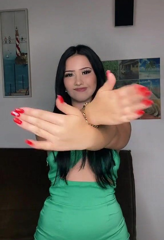 6. Sexy Anissa Shows Cleavage in Green Dress Braless and Bouncing Tits