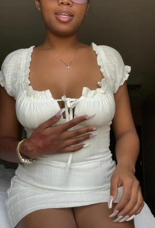 Hot Destinyy Shows Cleavage in White Dress Braless