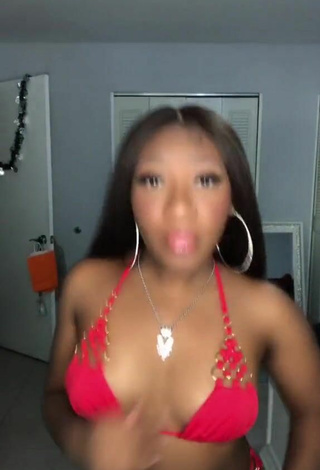 Hot Valerie Slayss Shows Cleavage in Red Bikini Top