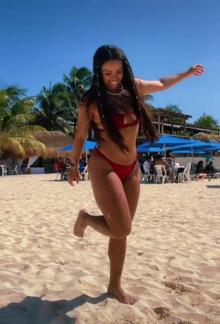 Alluring Gabily Shows Cleavage in Erotic Red Bikini at the Beach