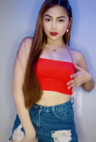 Hot Lea Jane Shows Cleavage in Red Crop Top