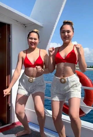 Amazing Tomiris & Nargiz Kanatova in Hot Red Bikini Top on a Boat