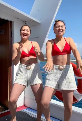 4. Amazing Tomiris & Nargiz Kanatova in Hot Red Bikini Top on a Boat