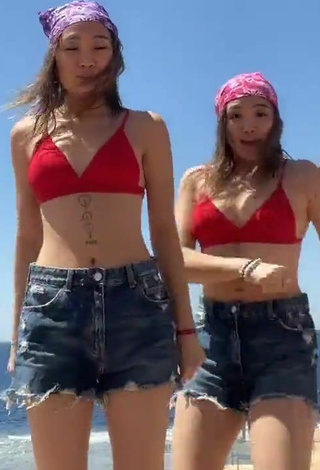 5. Beautiful Tomiris & Nargiz Kanatova in Sexy Red Bikini Top at the Beach