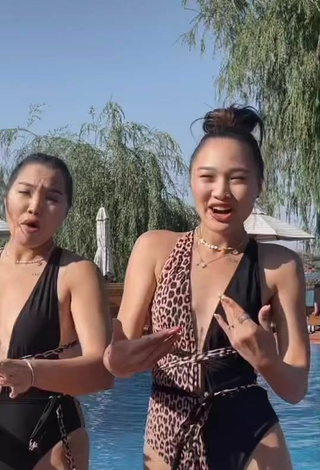 3. Sexy Tomiris & Nargiz Kanatova in Leopard Swimsuit at the Pool