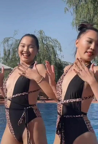 4. Sexy Tomiris & Nargiz Kanatova in Leopard Swimsuit at the Pool