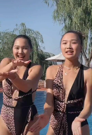 5. Sexy Tomiris & Nargiz Kanatova in Leopard Swimsuit at the Pool