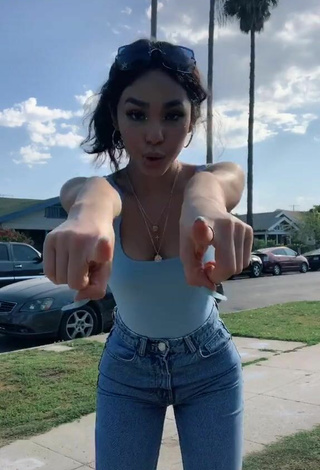 Sexy Destiny Salazar Shows Cleavage in Blue Tank Top in a Street