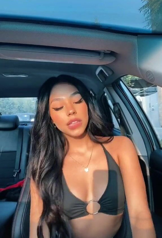 Hottie Destiny Salazar Shows Cleavage in Black Bikini Top in a Car
