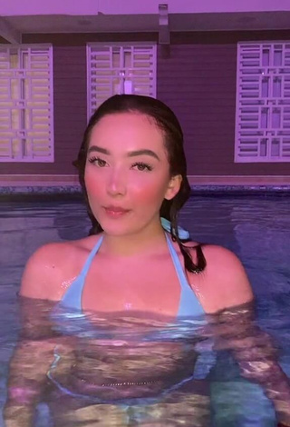 Sexy Ana Eusse Maria Shows Cleavage in Blue Bikini Top at the Swimming Pool