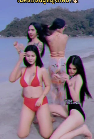 5. Sweetie Atom Tattapol Shows Cleavage in Red Bikini at the Beach