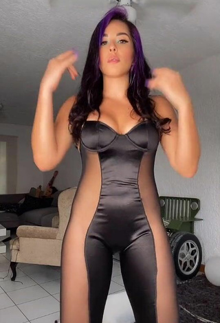 Sexy Karla Bustillos Shows Cleavage and Tits Bouncing in Black See Through Overall