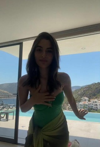 Sexy Cagla Simsek in Green Swimsuit at the Swimming Pool
